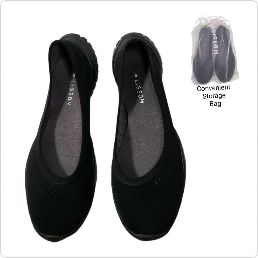 LISSOM Flyte Womens Size 6 Black Slip-On Comfort Ballet Flats with Bag, NWOB